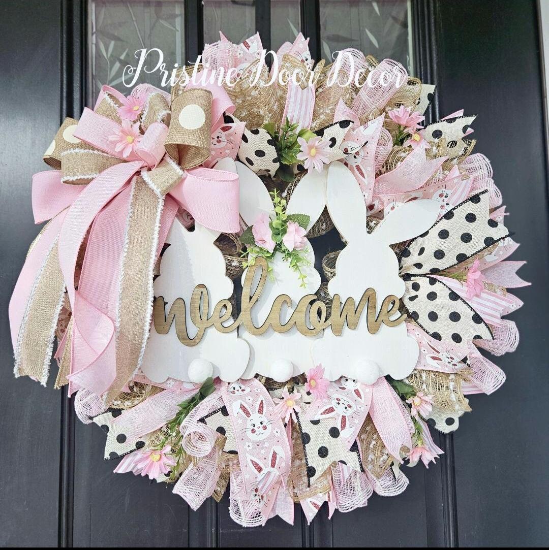 Pink Easter Bunny Wreath, Bunny Welcome Wreath, Spring Door Wreath ...