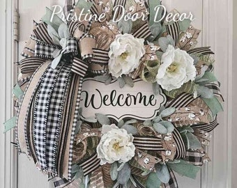 Everyday Welcome Wreath, Farmhouse neautral year round wreath for your door, porch decor, welcome wreath, Home wreath, Hello Wreath