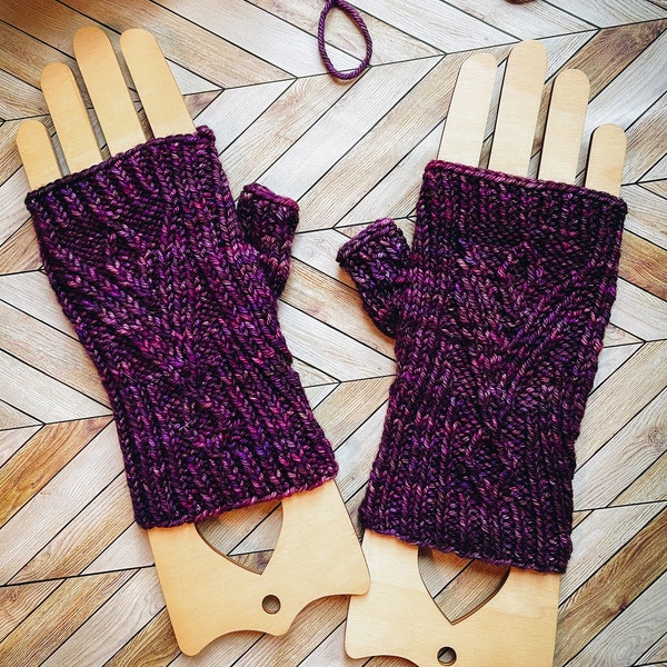 Magenta Thunderbird Mitts/merino wool fingerless mittens.