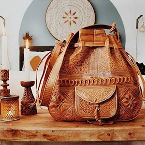 Large Engraved Handmade Moroccan Leather Bag/Boho Bags, Womens Leather Handbag