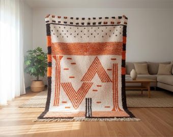 Moroccan Orange Wool Rug – Handmade Beni Ourain Style Boho Carpet for Living Room, Bedroom, Cozy Home Decor, Floor Area Rug”