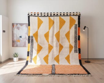 Alfombra marroquí de lana color mostaza – Alfombra geométrica bereber tejida a mano – Alfombra moderna estilo bohemio Beni Ourain