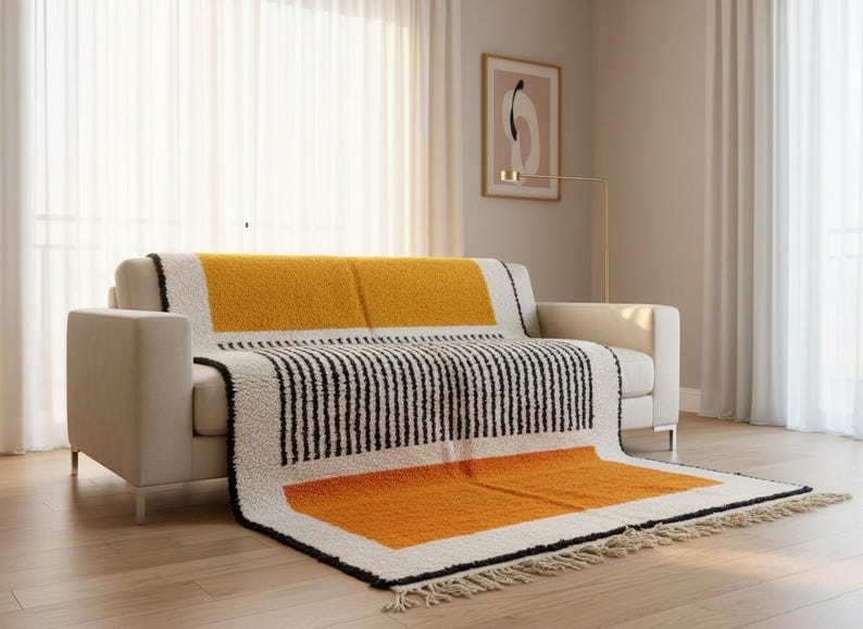 Draped Rug Images Handmade Moroccan Abstract Rug | Modern Yellow Orange Black Beni Ourain ...