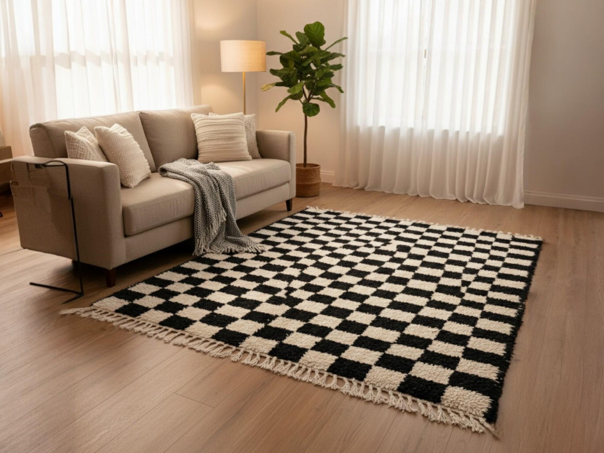 Ivory Checkered Rug Black & Ivory Checkered Moroccan Wool Rug – Modern Berber Checkerboard ...
