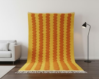 Tapete marroquino amarelo e laranja – Tapete berbere de lã feito à mão com padrão texturizado marcante, lã artesanal, tapetes de lã de destaque tecidos à mão.