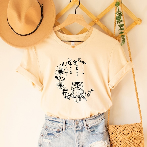 Floral Owl Moon Shirt, Boho Shirt for Her, Owl shirt, Summer Shirt, Birthday Gift, Shirt for Women, Shirt for Owl Lover Cute Shirt, Moon Owl