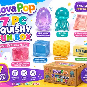 May include: NovaPop 7 PC Squishy Fun Box set featuring seven distinct squishy toys: a purple glitter drop, a teal jellyfish, a pink pyramid, a pink glitter cube, a blue cube, a yellow cheese block, and a yellow butter block labeled Salted Butter 1 oz.