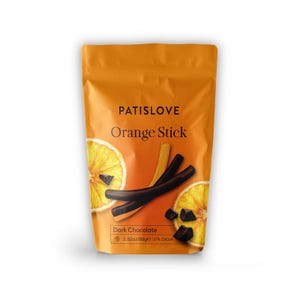 May include: Orange-colored bag of Patislove Orange Stick dark chocolate candies. The bag features a graphic of orange slices and chocolate sticks. The text "Orange Stick" and "Dark Chocolate" are visible on the packaging. The bag contains 2.82oz/80g of product.