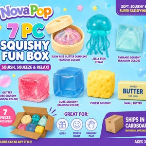 May include: A 7-piece NovaPop squishy fun box set featuring a glitter dumpling in a steamer, a teal jellyfish, a pyramid, a pink glitter cube, a blue cube, a yellow cheese block, and a small butter block labeled Salted Butter 1 oz. (28g).