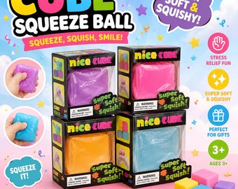 May include: A selection of Cube Squeeze Balls in boxes, with colours such as purple, pink, orange, and blue. The packaging reads "nice CUBE" and "Super Soft & Squishy!" The text "Squeeze, Squish, Smile!" and "Perfect for Gifts" are also visible.