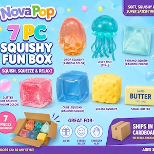 May include: A 7-piece NovaPop squishy fun box set featuring a variety of soft, squeezable items including a drop, a teal jellyfish, a pyramid, a glitter cube, a blue cube, a yellow cheese block, and a small butter block labeled Salted Butter 1 oz.