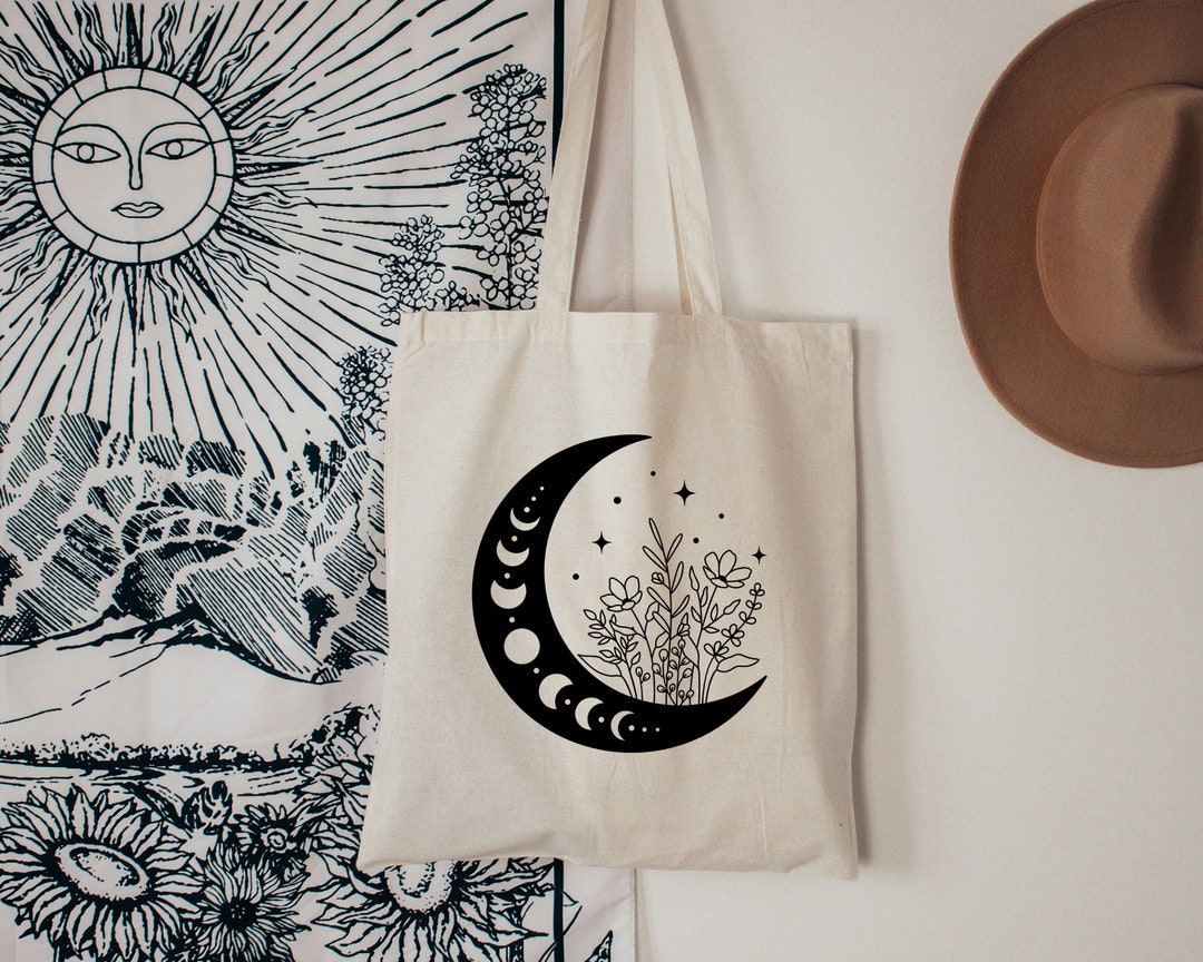 Floral Moon Tote Bag, Floral Tote Bag, Moon Tote Bag, Moon Lover Bag ...
