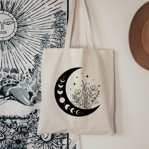 Floral Moon Tote Bag, Floral Tote Bag, Moon Tote Bag, Moon Lover Bag, Boho Tote Bag, Shopping Bag