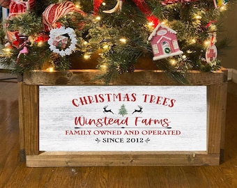 Printed Personalized Christmas Tree Owned & Operated Skirt Box, Tree Box Stand, Wood Tree Skirt, Christmas Tree Collar, Collapsible Tree Box