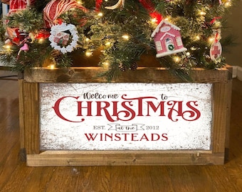 Printed Personalized Welcome To Christmas Tree Skirt Box, Tree Box Stand, Wood Tree Skirt, Christmas Tree Collar, Collapsible Tree Box