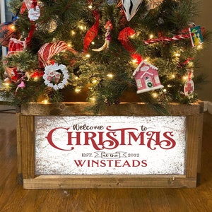 Printed Personalized Welcome To Christmas Tree Skirt Box, Tree Box Stand, Wood Tree Skirt, Christmas Tree Collar, Collapsible Tree Box