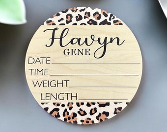 Leopard Baby Birth Stat Sign, Personalized Birth Announcement, Printed Newborn Birth Stat, Newborn Keepsake Name Announcement Hospital Sign
