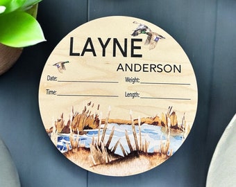 Baby announcement sign with birth stat, floral swag Sign For Hospital Baby Name Reveal Birth Announcement Duck Hunt Marsh Swag Nursery Decor