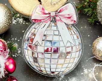 Discobal met strik acrylornament, trendy kerst, roze kerst, peperkoekkerst