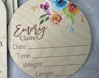 Baby announcement sign with birth stat, floral swag, Sign For Hospital, Baby Name Reveal, Birth Announcement, Boho Nursery Decor