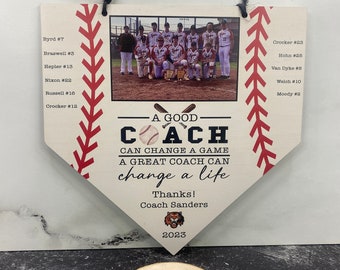 Personalized Baseball Coach Gift, End of Season Manager Gift, Team Gift, Team Photo Hanging Plaque, A Great Coach Can Change A Life, MVP