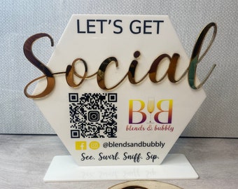 Printed Social Media Acrylic Sign, Boutique Sign, Small Business Sign, Instagram Handle, Tiktok Username, Let’s Get Social, QR code Sign
