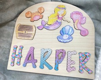Mermaid Theme Wooden Name Puzzle, Name Puzzle for Toddlers, Montessori Baby Toy, Gift for Kids, Kids Birthday Gift, Toys for Learning