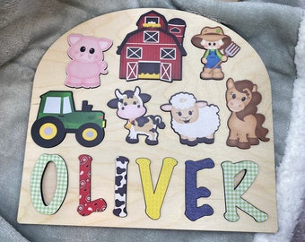 Houten naampuzzel boerderijthema, naampuzzel voor peuters, Montessori-babyspeelgoed, cadeau voor kinderen, verjaardagscadeau kinderen, speelgoed om te leren