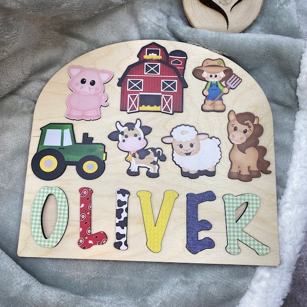 Farm Theme Wooden Name Puzzle, Name Puzzle for Toddlers, Montessori Baby Toy, Gift for Kids, Kids Birthday Gift, Toys for Learning