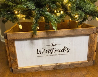 Personalized Christmas Tree Skirt Box, Tree Box Stand, Wood Tree Skirt, Christmas Tree Collar, Collapsible Tree Box, Tree Stand Cover