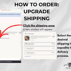 Puede incluir: Una captura de pantalla que muestra c&oacute;mo mejorar el env&iacute;o en un pedido de Etsy. El texto dice "C&Oacute;MO ORDENAR: MEJORAR EL ENV&Iacute;O". Las instrucciones incluyen hacer clic en el &aacute;rea de env&iacute;o y seleccionar la opci&oacute;n de env&iacute;o deseada.