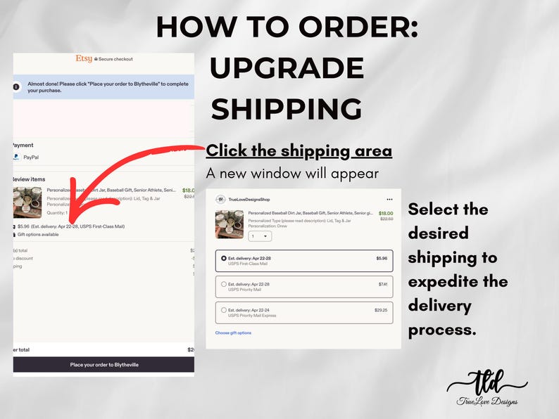 Puede incluir: Una captura de pantalla que muestra c&oacute;mo mejorar el env&iacute;o en un pedido de Etsy. El texto dice "C&Oacute;MO ORDENAR: MEJORAR EL ENV&Iacute;O". Las instrucciones incluyen hacer clic en el &aacute;rea de env&iacute;o y seleccionar la opci&oacute;n de env&iacute;o deseada.