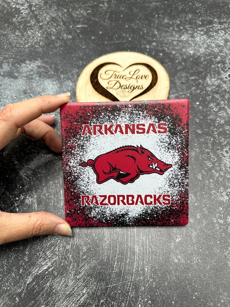 Arkansas Razorback Ceramic Coaster, Razorback Fan, College Football, Dorm Decor, Graduation Gift, House Warming Gift, Background Splash image 3