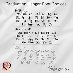 May include: Image showcasing font options for graduation hangers. The text includes three design choices: Design 2, Standard, and Design 3, each displaying the alphabet in different styles. The image also features the True Love Designs logo.