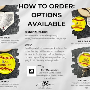 Puede incluir: Imagen que muestra las opciones para pedir regalos personalizados con tem&aacute;tica de softbol. El texto incluye "C&oacute;mo ordenar: Opciones disponibles" y detalles sobre personalizaci&oacute;n, logotipos y formatos de archivo. Se incluyen ejemplos de tapas, etiquetas y frascos.