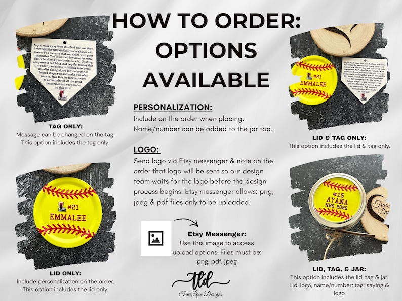 Puede incluir: Imagen que muestra las opciones para pedir regalos personalizados con tem&aacute;tica de softbol. El texto incluye "C&oacute;mo ordenar: Opciones disponibles" y detalles sobre personalizaci&oacute;n, logotipos y formatos de archivo. Se incluyen ejemplos de tapas, etiquetas y frascos.