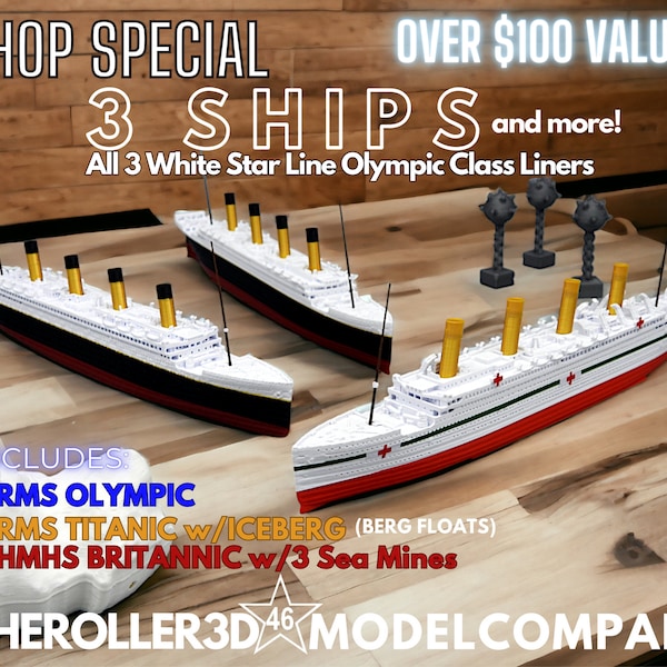 3 Ship Bundle 12" RMS Titanic HMHS Britannic RMS Olympic plus Iceberg and Mines,  1 Foot Models, Shop Special*