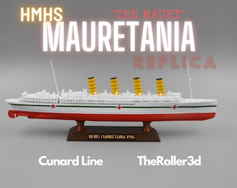 May include: A white model ship replica of the RMS Mauretania, a British ocean liner, with red and green accents. The ship is on a brown stand with the text "HMHS Mauretania 1916". The text "HMHS" "The Maury" "Mauretania" "Replica" is visible above the ship. The text "Cunard Line" and "TheRoller3d" is visible below the ship.