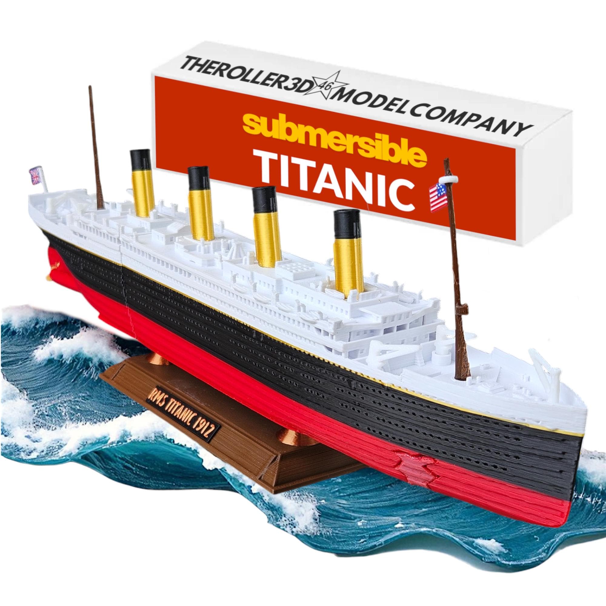 タイタニック号潜水艇モデル：暗闇で光る氷山とスタンド付きで浮かんで