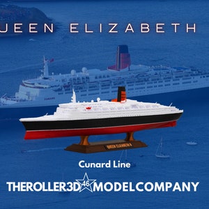 May include: A model of the Queen Elizabeth II ocean liner, a white ship with red and black accents, on a wooden stand. The model is made by TheRoller3D Model Company and is labeled "Cunard Line".