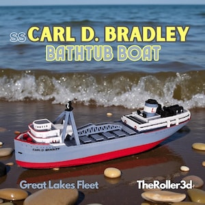 Peut inclure: Un modèle réduit du bateau de bain SS Carl D. Bradley, un navire de la Great Lakes Fleet, est présenté sur une plage de sable avec l'océan en arrière-plan. Le bateau est gris avec une coque rouge et des accents blancs. Le texte "SS CARL D. BRADLEY BATHTUB BOAT" est visible.