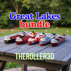May include: A collection of five miniature cargo ships, each with a unique color scheme, arranged on a gray wooden surface. The text "Great Lakes bundle" is displayed above the ships, and "THEROLLER3D" is below. The ships are red, black, and gray.