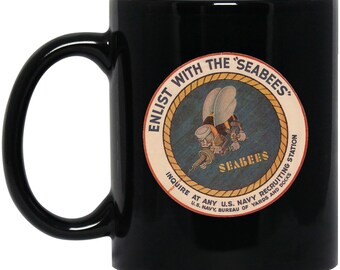Vintage US Navy Seabees Recruiting Poster on BM11OZ 11 oz. Black Mug