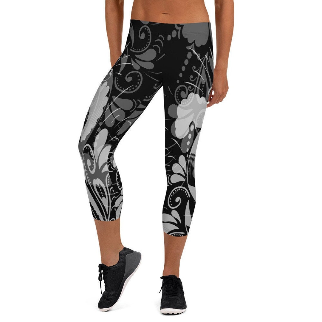 Leggings Capri Leggings Yoga Pants Tights Black Blossom by - Etsy