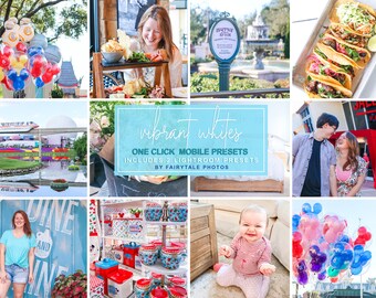 Könnte beinhalten: Eine Collage aus Bildern, die verschiedene Szenen aus einem Freizeitpark zeigen. Die Bilder zeigen ein Paar, ein Baby, einen Imbissstand, eine Einschienenbahn und ein Schild mit der Aufschrift "vibrant whites" mit dem Text "ONE CLICK MOBILE PRESETS INCLUDES 2 LIGHTROOM PRESETS BY FAIRYTALE PHOTOS".