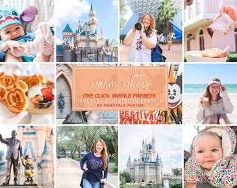 May include: A collage of photos featuring a family trip to a theme park. The photos include a baby wearing a blue hat, a castle, a Mickey Mouse waffle, a woman taking a photo, a Mickey Mouse character, a woman drinking a beverage, a statue of Walt Disney and Mickey Mouse, a woman walking, a castle, and a baby wearing a colorful jacket.