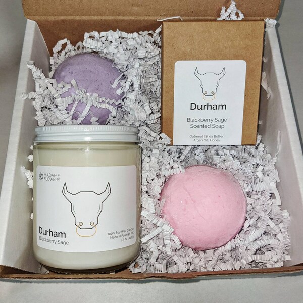 Durham North Carolina, Candle Bath Bomb Gift Box, Bull City, Christmas Gift Basket, NCCU, Duke, Ready to Ship, Black Owned Business