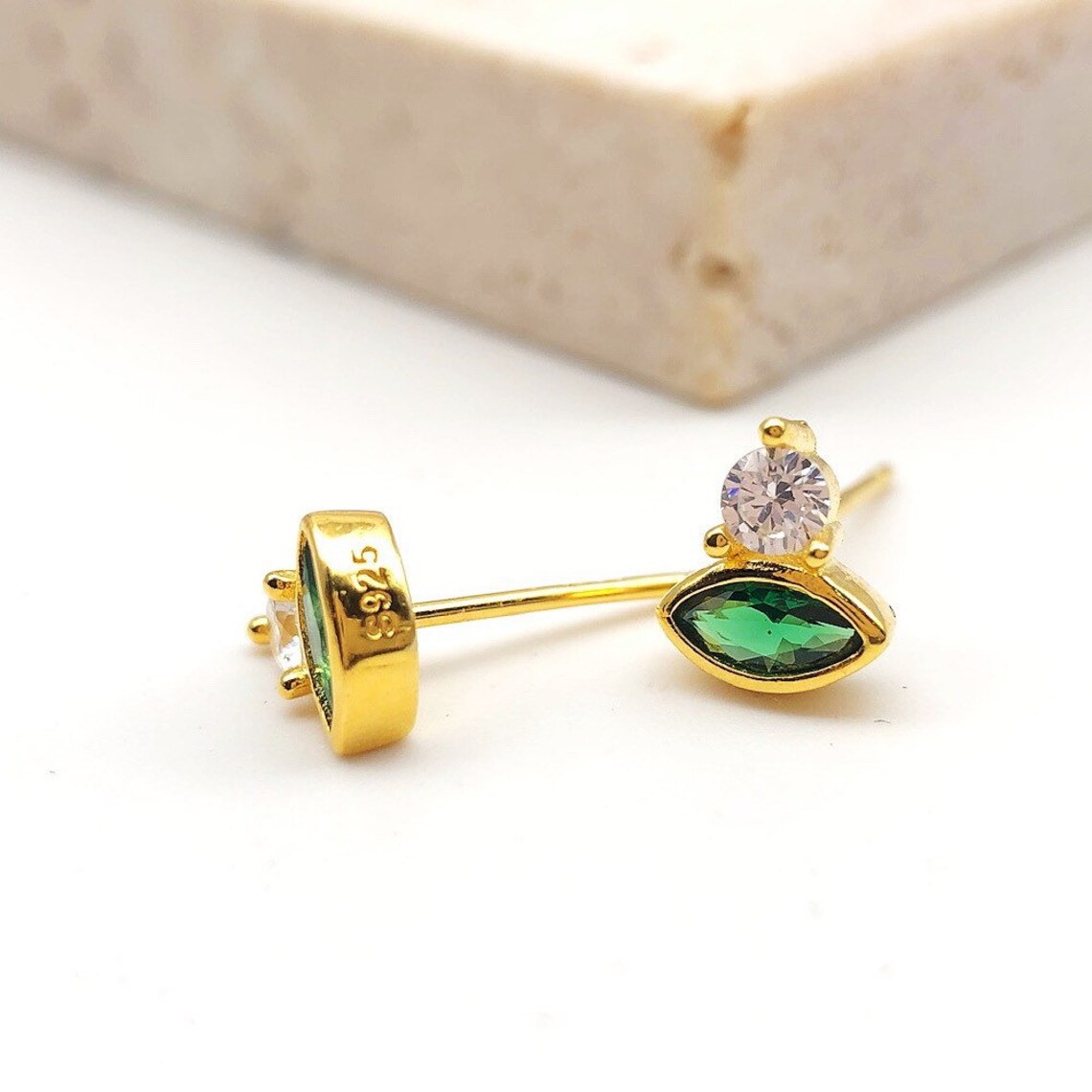 Tiny Emerald green stud Earrings Gold Green stone stud Etsy