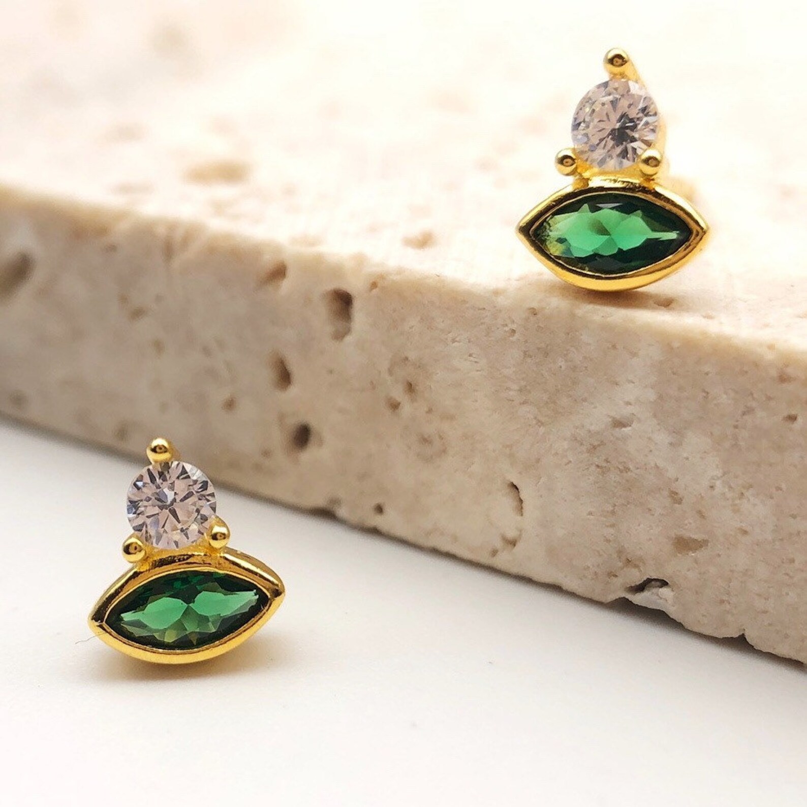 Tiny Emerald green stud Earrings Gold Green stone stud Etsy