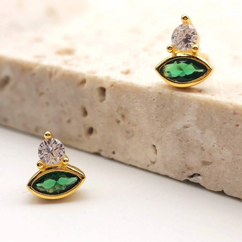 Tiny Emerald green stud Earrings Gold Green stone stud | Etsy